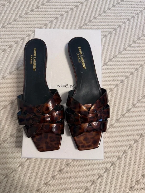 YSL Saint Laurent Tortoiseshell Brown Patent tribute sandals size 38.5 - Picture 1 of 1